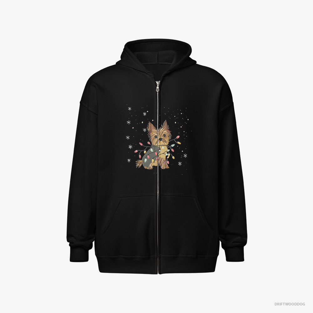 Yorkshire Terrier Hoodie – Men Black Hoodie Full-Zip – Wrapped in a String of Christmas Lights (on White Background)