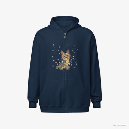 Yorkshire Terrier Wrapped in a String of Christmas Lights Navy Hoodie