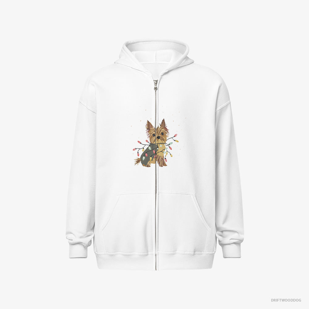 Yorkshire Terrier Hoodie – Men White Hoodie Full-Zip – Wrapped in a String of Christmas Lights (on White Background)