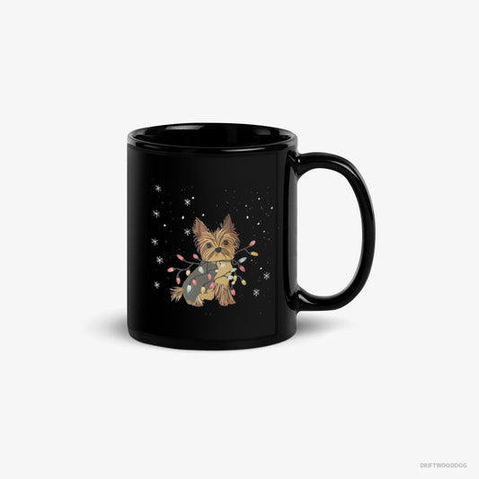 Yorkshire Terrier Wrapped in a String of Christmas Lights – Mug Black – Classic