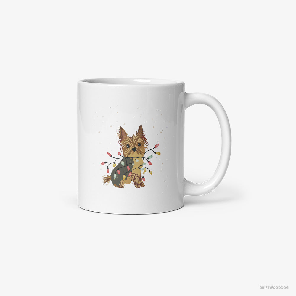 Yorkshire Terrier Mug – Unisex White Mug Classic – Wrapped in a String of Christmas Lights (on White Background)