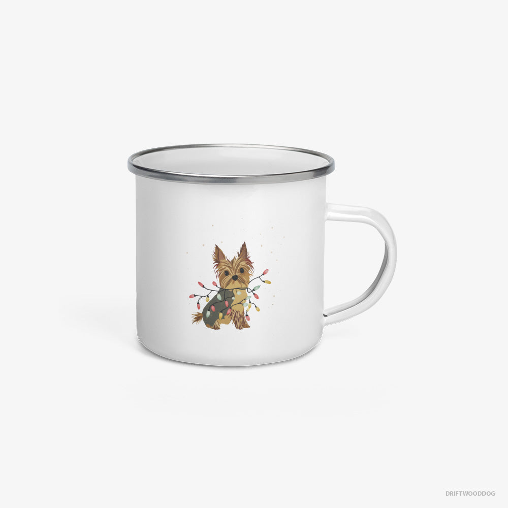 Yorkshire Terrier Wrapped in a String of Christmas Lights Enamel Mug