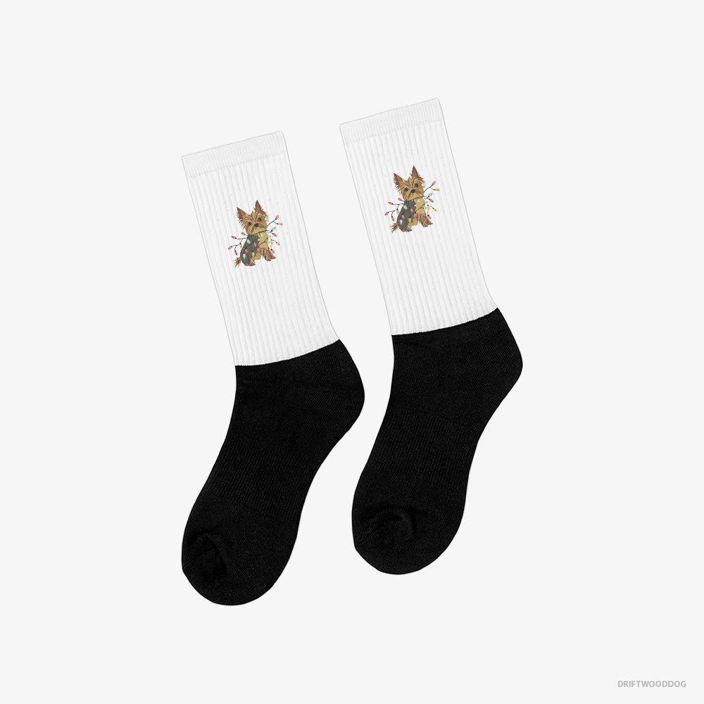 Yorkshire Terrier Wrapped in a String of Christmas Lights Classic Socks