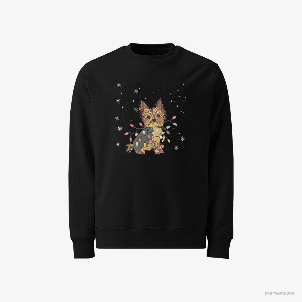 Yorkshire Terrier Sweatshirt – Women Black Sweatshirt Classic – Wrapped in a String of Christmas Lights (on White Background)