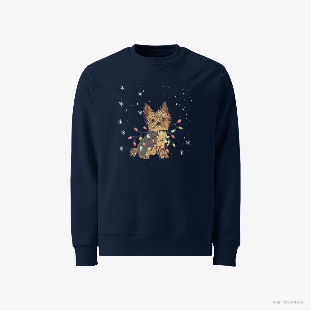 Yorkshire Terrier Sweatshirt – Men Navy Sweatshirt Classic – Wrapped in a String of Christmas Lights (on White Background)