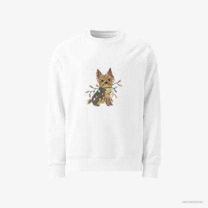 Yorkshire Terrier Sweatshirt – Men White Sweatshirt Classic – Wrapped in a String of Christmas Lights (on White Background)