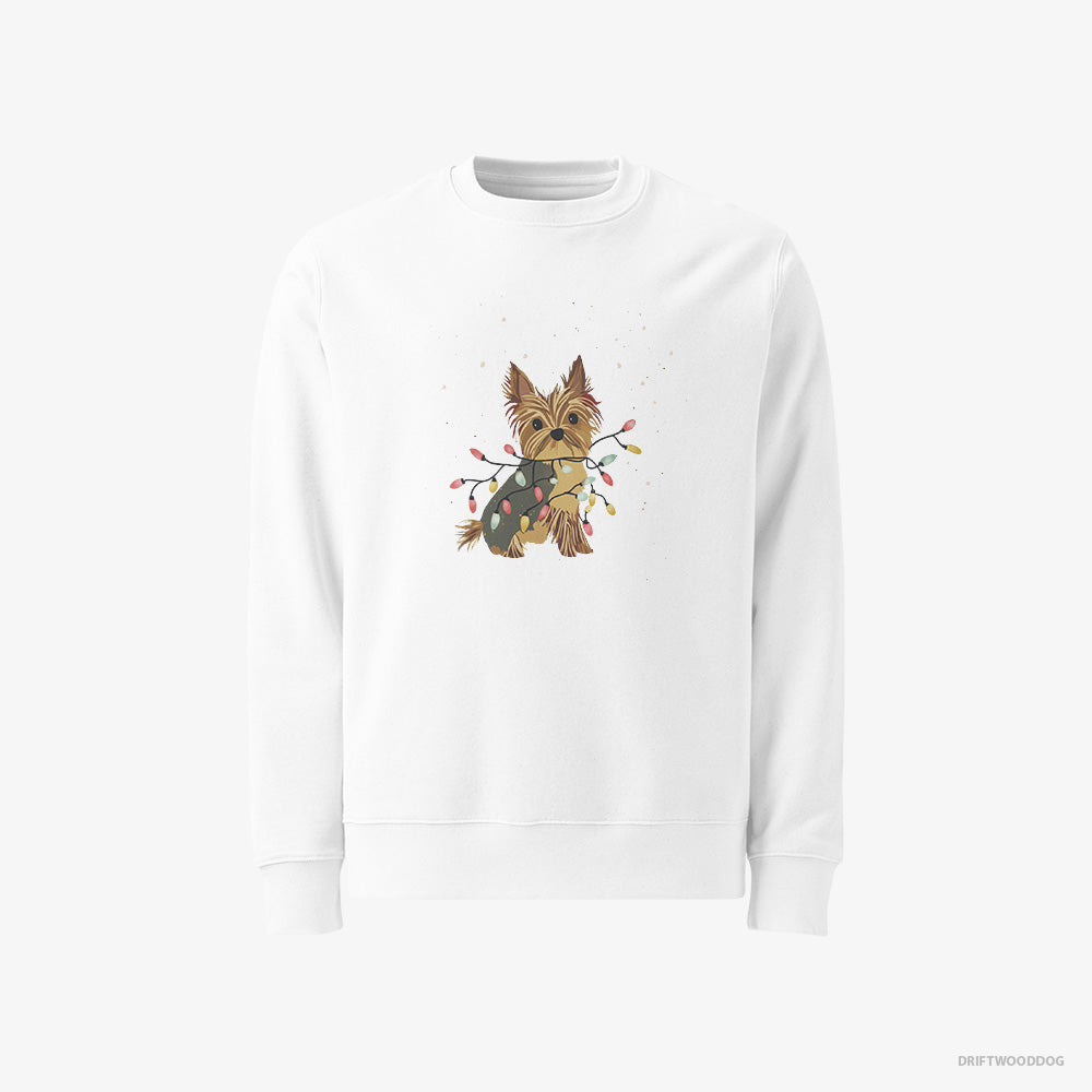 Yorkshire Terrier Wrapped in a String of Christmas Lights – Women's Sweatshirt White – Classic