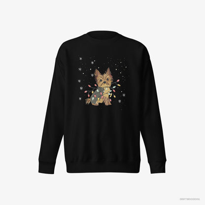 Yorkshire Terrier Wrapped in a String of Christmas Lights Black Sweatshirt