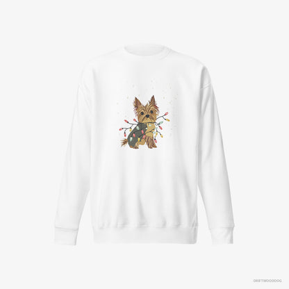 Yorkshire Terrier Sweatshirt – Men White Sweatshirt Eco-Friendly – Wrapped in a String of Christmas Lights (on White Background)