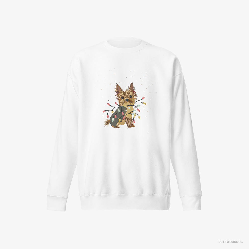 Yorkshire Terrier Wrapped in a String of Christmas Lights – Women's Sweatshirt White Eco – Eco-Friendly