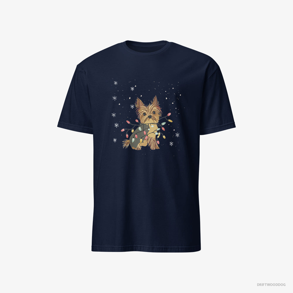 Yorkshire Terrier T-Shirt – Men Navy T-Shirt Classic – Wrapped in a String of Christmas Lights (on White Background)