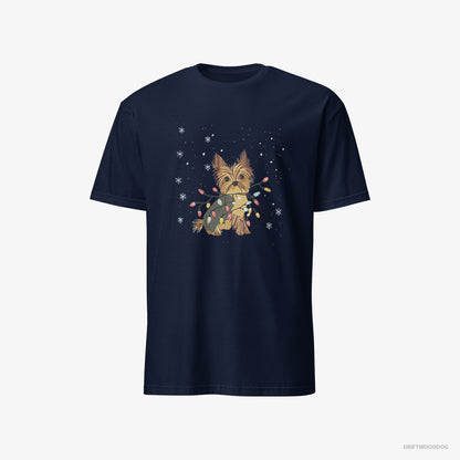 Yorkshire Terrier Wrapped in a String of Christmas Lights Navy T-Shirt