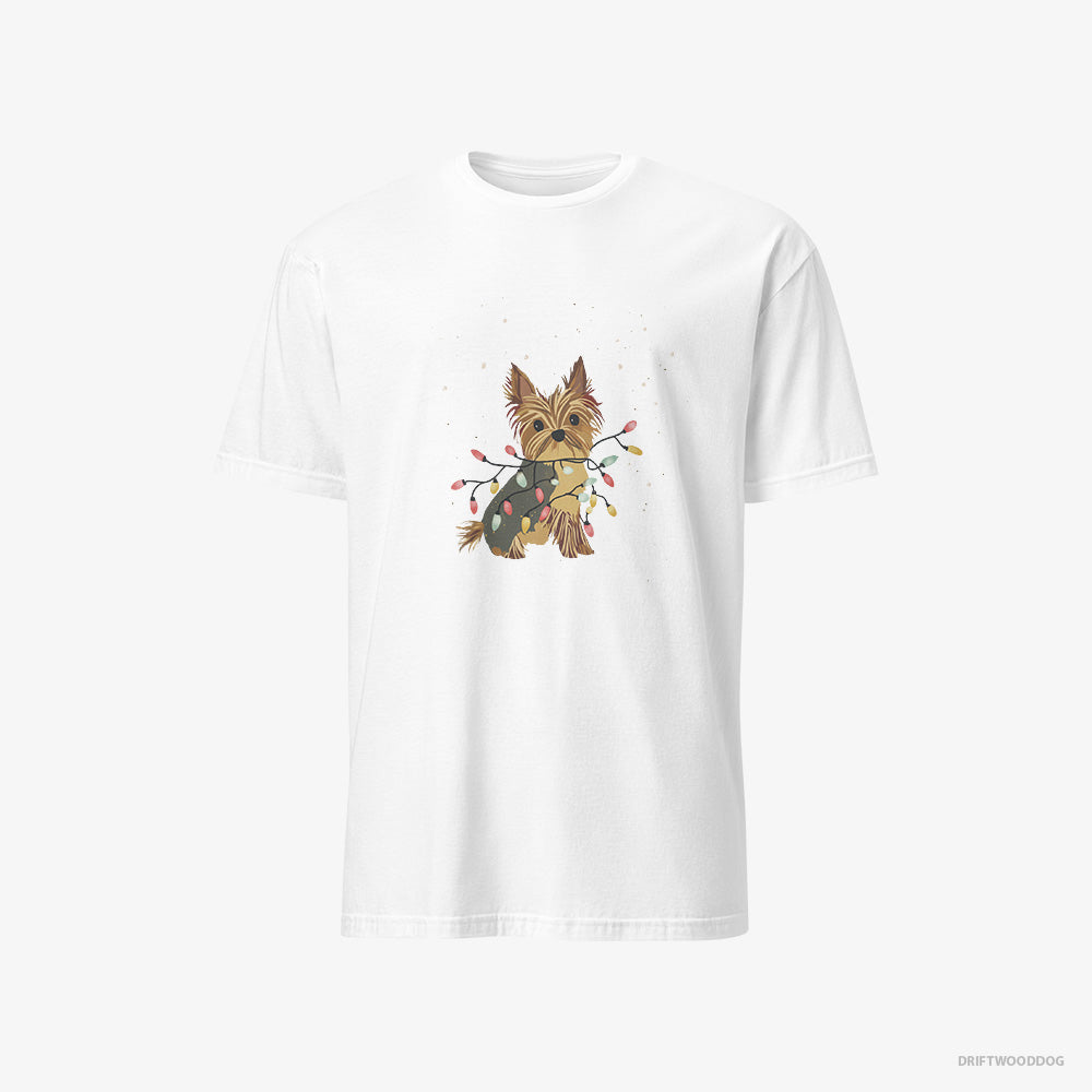 Yorkshire Terrier T-Shirt – Women White T-Shirt Classic – Wrapped in a String of Christmas Lights (on White Background)