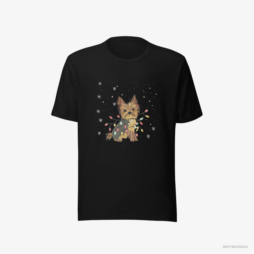 Yorkshire Terrier T-Shirt – Women Black T-Shirt Eco-Friendly – Wrapped in a String of Christmas Lights (on White Background)