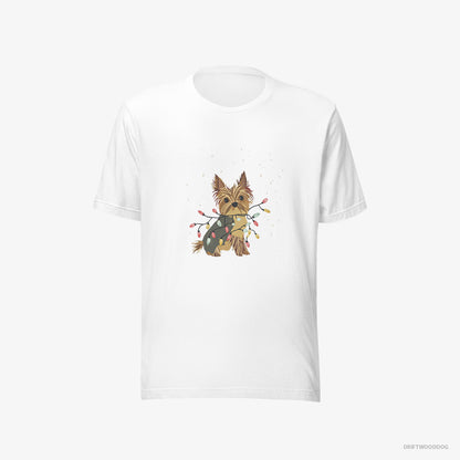 Yorkshire Terrier T-Shirt – Women White T-Shirt Eco-Friendly – Wrapped in a String of Christmas Lights (on White Background)