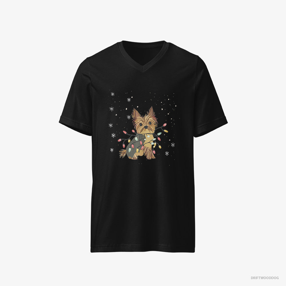 Yorkshire Terrier T-Shirt – Men Black T-Shirt V-Neck – Wrapped in a String of Christmas Lights (on White Background)