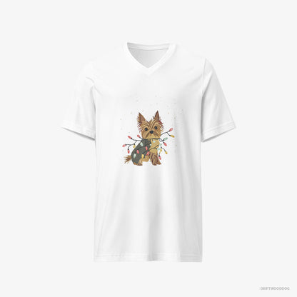 Yorkshire Terrier T-Shirt – Women White T-Shirt V-Neck – Wrapped in a String of Christmas Lights (on White Background)