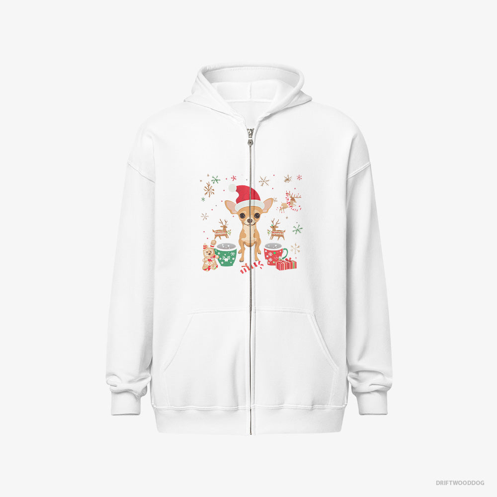 Chihuahua Hoodie – Men White Hoodie Full-Zip – in a Festive Christmas Setting (on White Background)