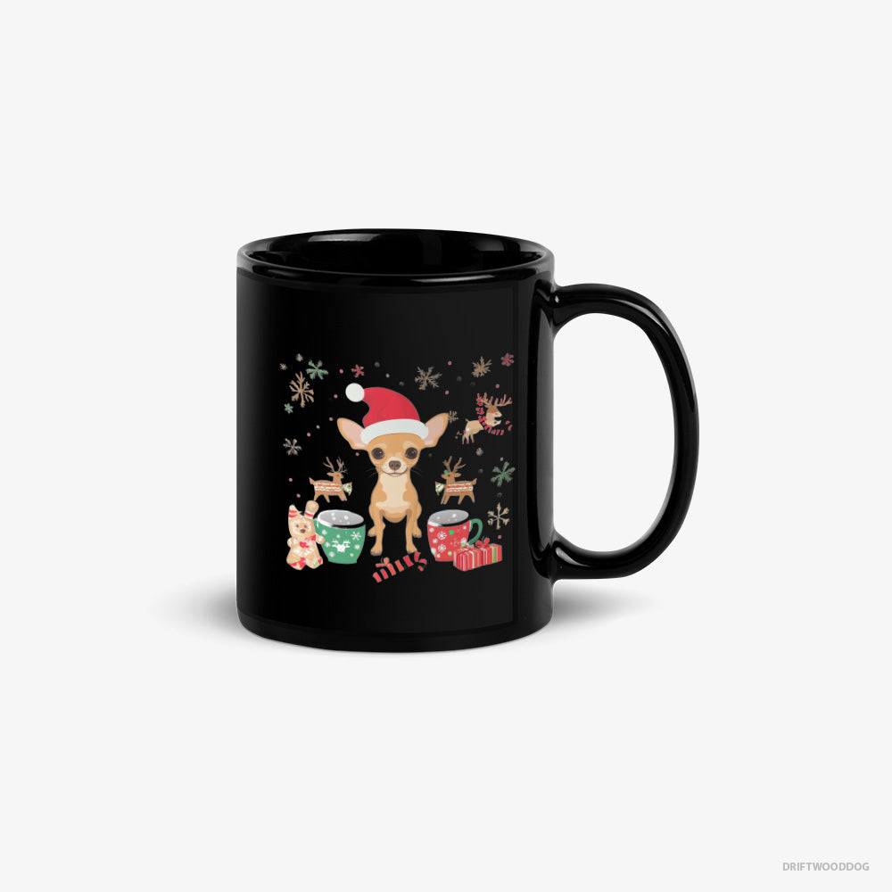 Chihuahua Mug – Unisex Black Mug Classic – in a Festive Christmas Setting (on White Background)