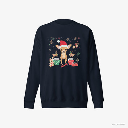 Chihuahua Sweatshirt – Women Navy Sweatshirt Eco-Friendly – in a Festive Christmas Setting (on White Background)