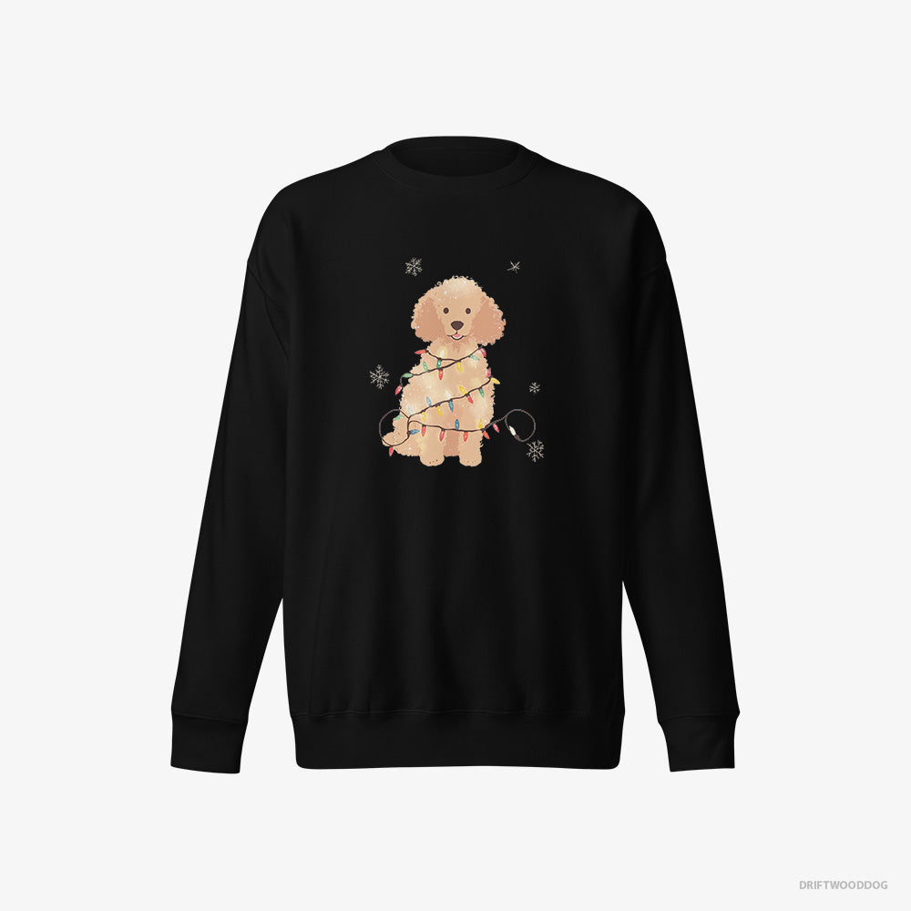 Poodle Sweatshirt – Men Black Sweatshirt Eco-Friendly – Twinkling with Christmas Lights (on White Background)