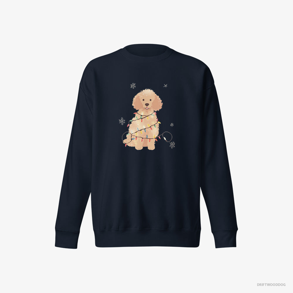 Poodle Sweatshirt – Men Navy Sweatshirt Eco-Friendly – Twinkling with Christmas Lights (on White Background)