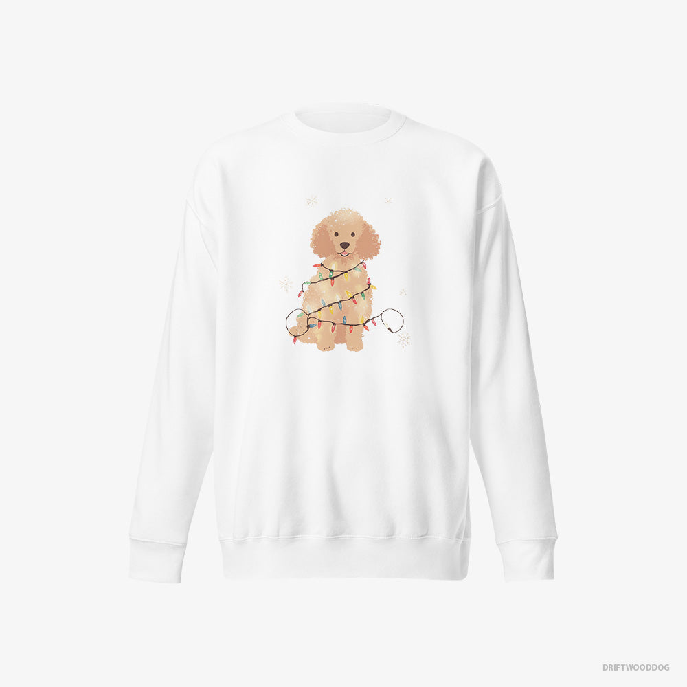 Poodle Sweatshirt – Women White Sweatshirt Eco-Friendly – Twinkling with Christmas Lights (on White Background)