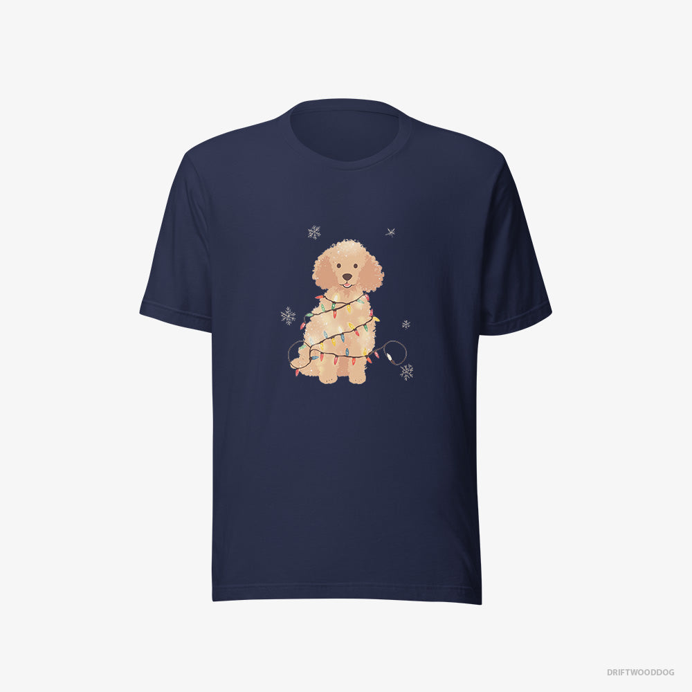 Poodle T-Shirt – Women Navy T-Shirt Eco-Friendly – Twinkling with Christmas Lights (on White Background)