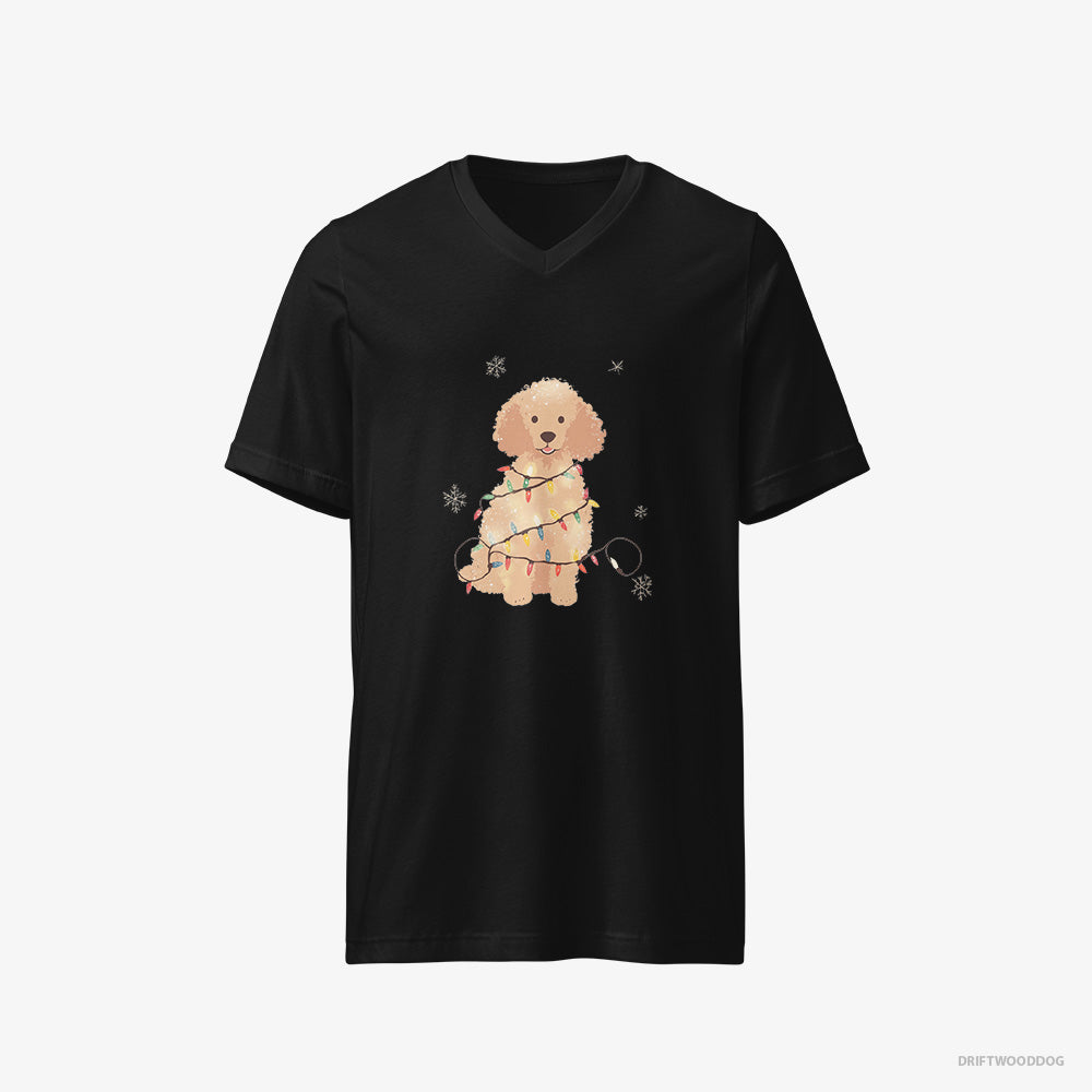 Poodle T-Shirt – Men Black T-Shirt V-Neck – Twinkling with Christmas Lights (on White Background)