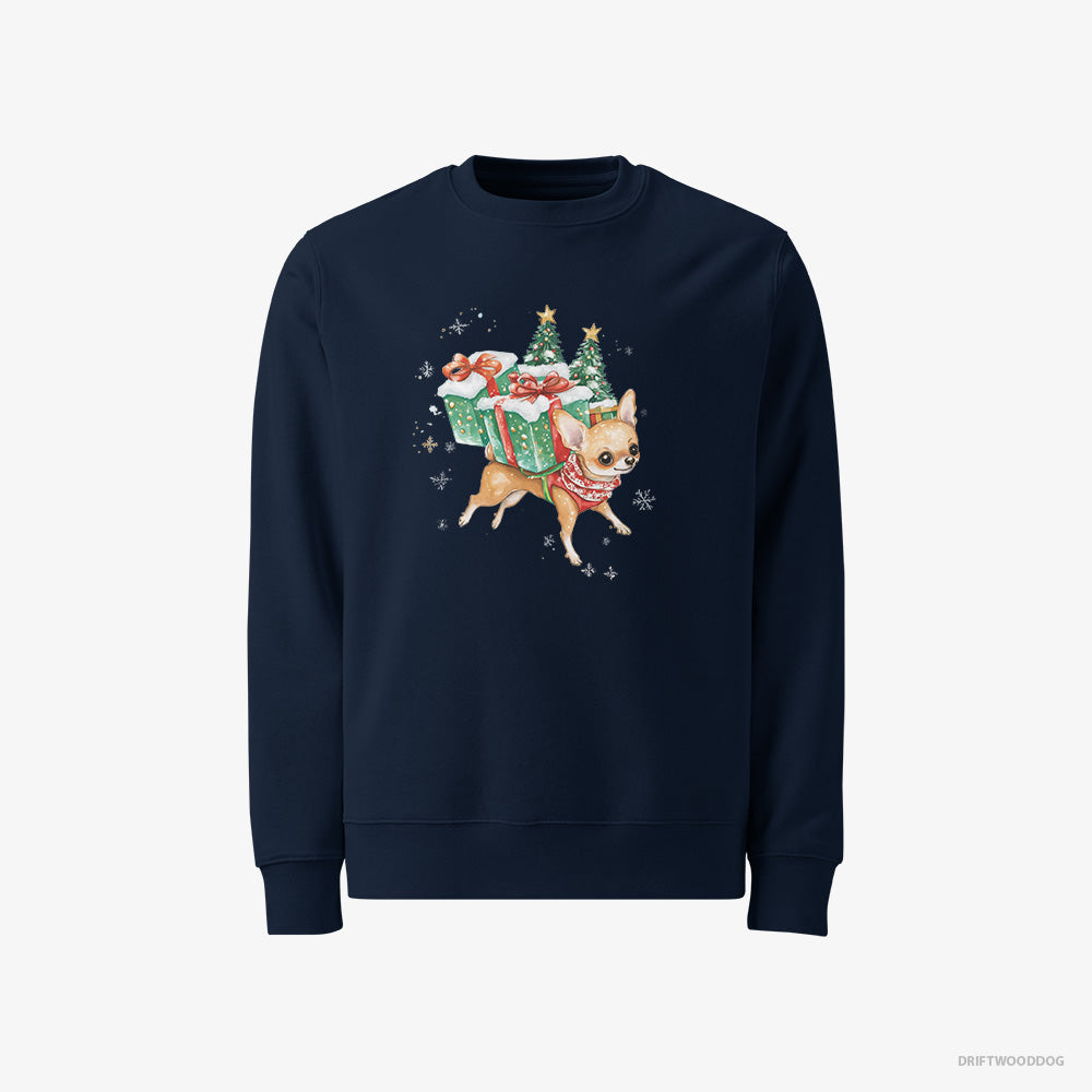 Chihuahua Sweatshirt – Men Navy Sweatshirt Classic – with Christmas Gifts and Snacks (on White Background)