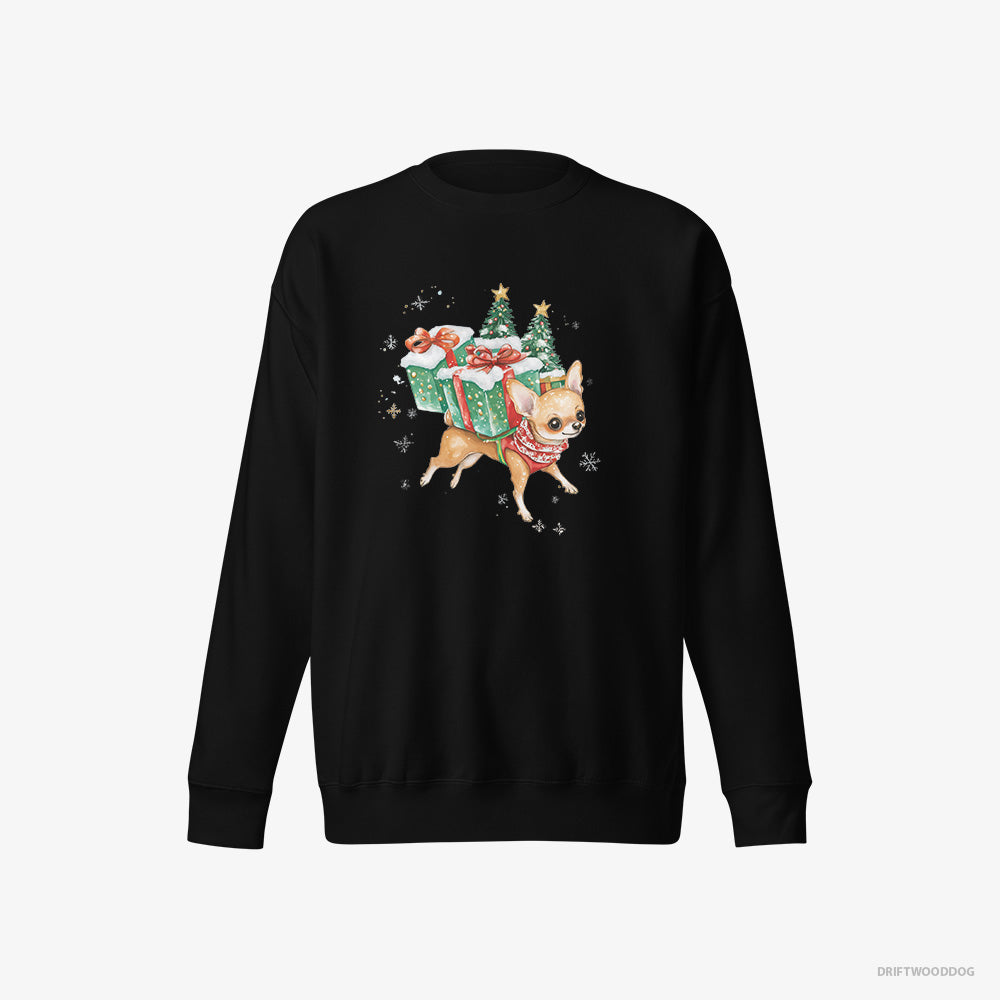 Chihuahua Sweatshirt – Men Black Sweatshirt Eco-Friendly – with Christmas Gifts and Snacks (on White Background)