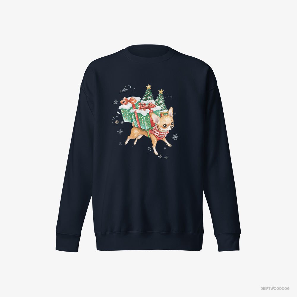 Chihuahua Sweatshirt – Men Navy Sweatshirt Eco-Friendly – with Christmas Gifts and Snacks (on White Background)