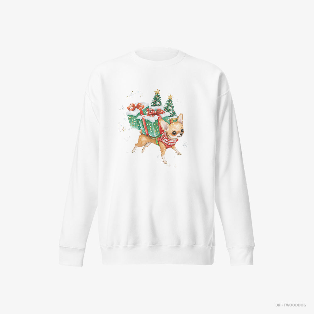 Chihuahua Sweatshirt – Men White Sweatshirt Eco-Friendly – with Christmas Gifts and Snacks (on White Background)