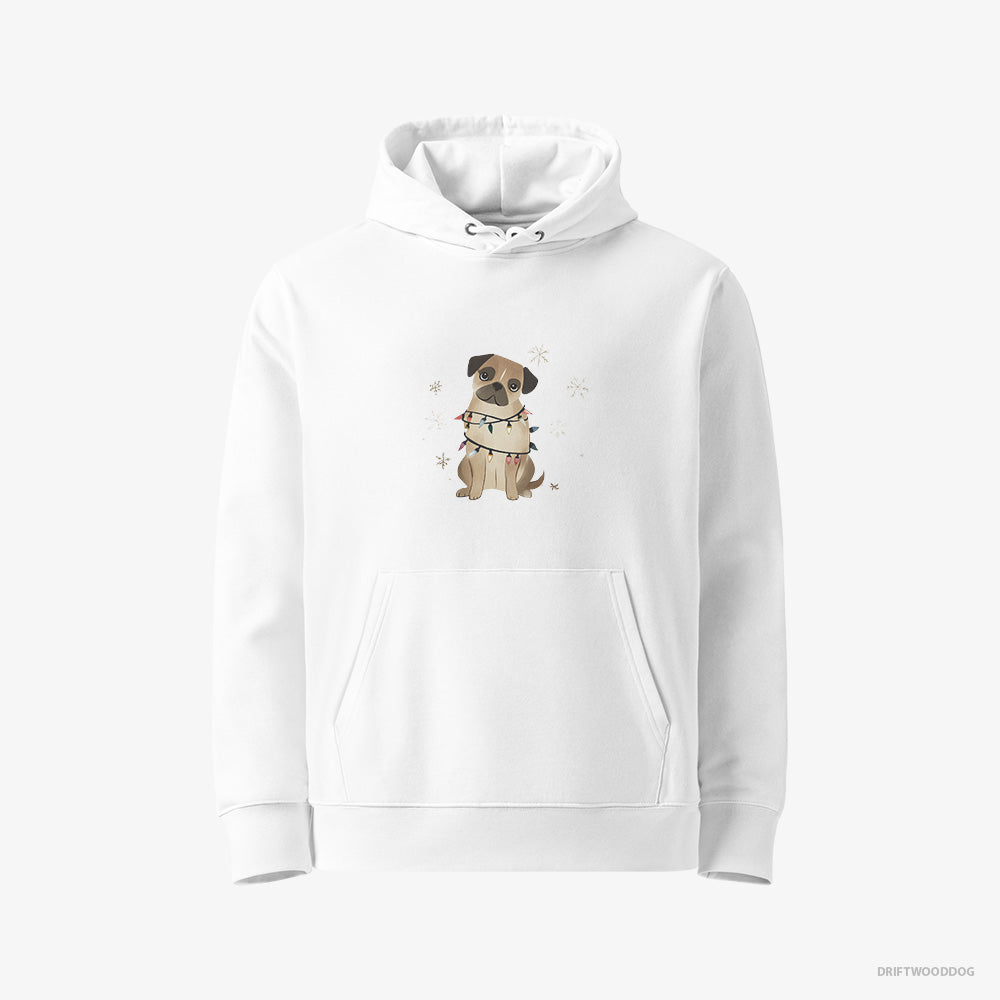 Pug Hoodie – Women White Hoodie Eco-Friendly – Wrapped in Christmas Lights (on White Background)