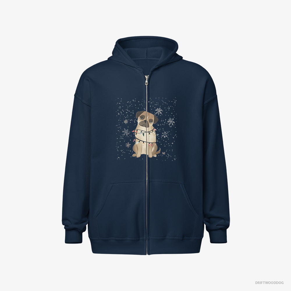 Pug Hoodie – Men Navy Hoodie Full-Zip – Wrapped in Christmas Lights (on White Background)