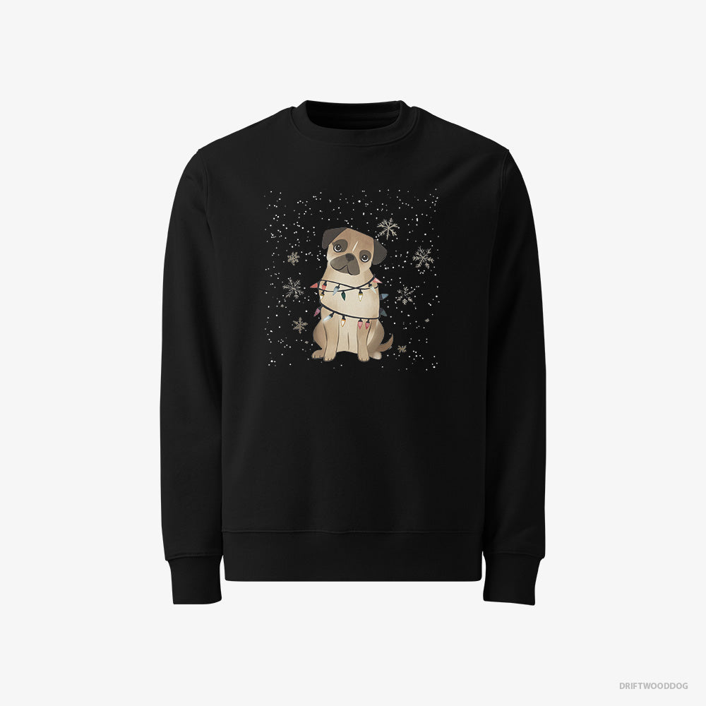 Pug Sweatshirt – Men Black Sweatshirt Classic – Wrapped in Christmas Lights (on White Background)