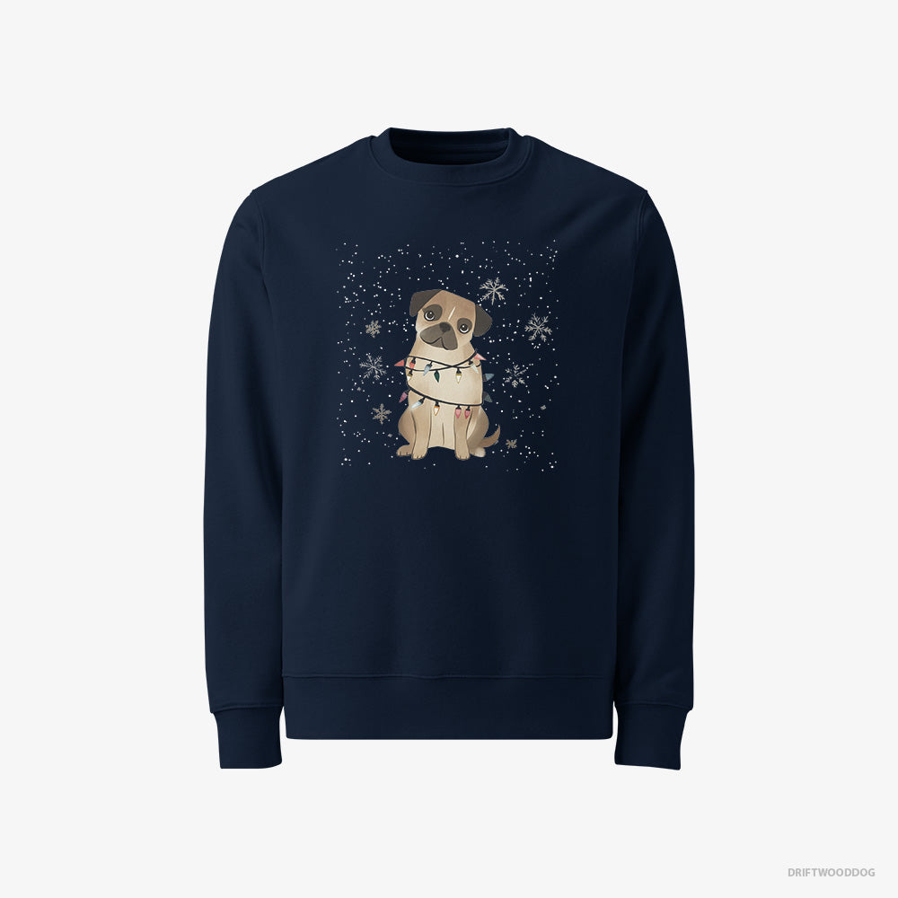 Pug Sweatshirt – Men Navy Sweatshirt Classic – Wrapped in Christmas Lights (on White Background)