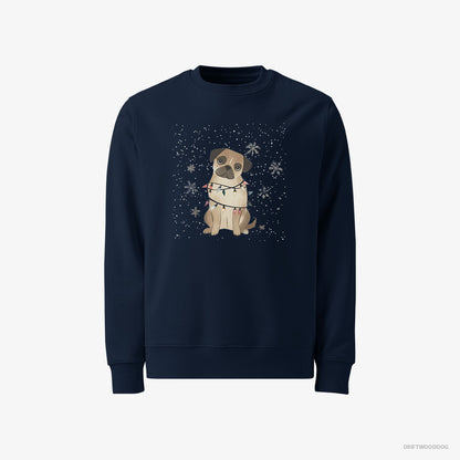 Pug Sweatshirt – Men Navy Sweatshirt Classic – Wrapped in Christmas Lights (on White Background)