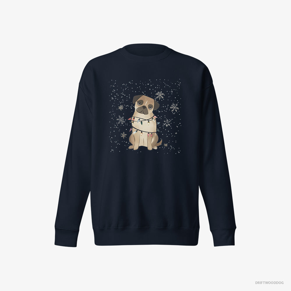 Pug Sweatshirt – Men Navy Sweatshirt Eco-Friendly – Wrapped in Christmas Lights (on White Background)