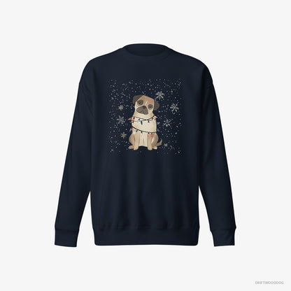 Pug Sweatshirt – Men Navy Sweatshirt Eco-Friendly – Wrapped in Christmas Lights (on White Background)