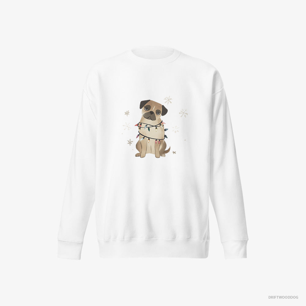 Pug Sweatshirt – Women White Sweatshirt Eco-Friendly – Wrapped in Christmas Lights (on White Background)