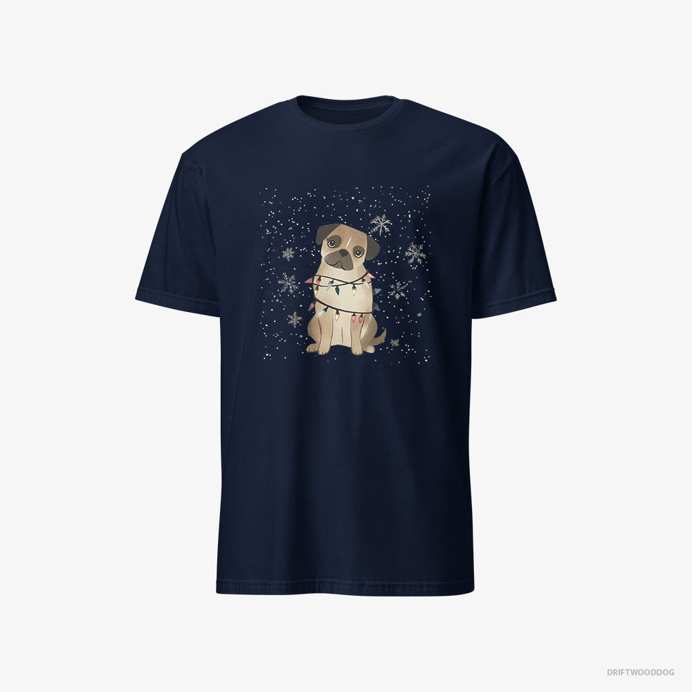 Pug T-Shirt – Men Navy T-Shirt Classic – Wrapped in Christmas Lights (on White Background)