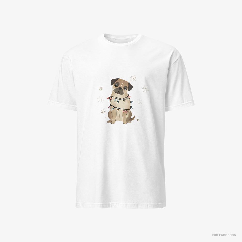 Pug T-Shirt – Men White T-Shirt Classic – Wrapped in Christmas Lights (on White Background)