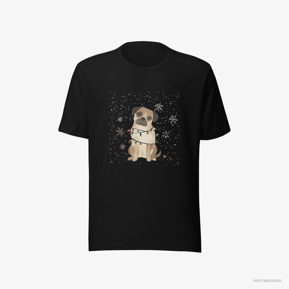 Pug T-Shirt – Women Black T-Shirt Eco-Friendly – Wrapped in Christmas Lights (on White Background)