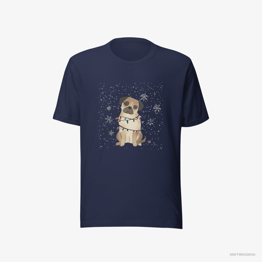 Pug T-Shirt – Men Navy T-Shirt Eco-Friendly – Wrapped in Christmas Lights (on White Background)