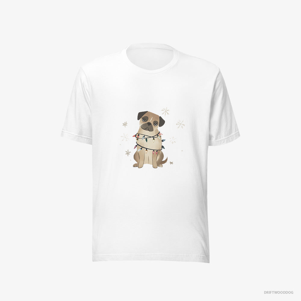 Pug T-Shirt – Men White T-Shirt Eco-Friendly – Wrapped in Christmas Lights (on White Background)