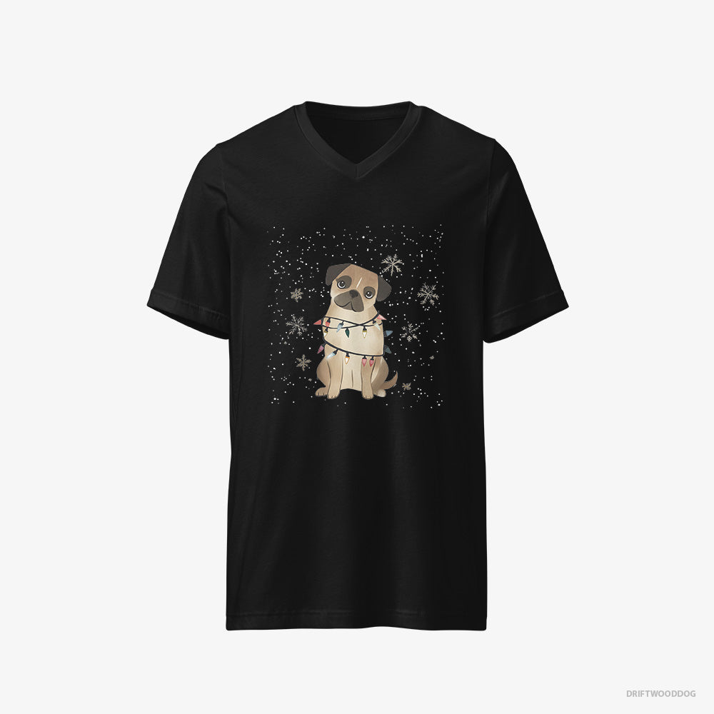 Pug T-Shirt – Men Black T-Shirt V-Neck – Wrapped in Christmas Lights (on White Background)