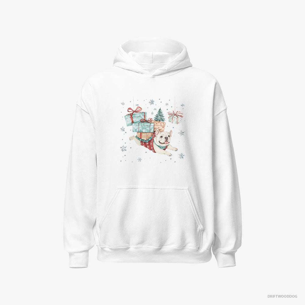 Bulldog Hoodie – Women White Hoodie Classic – Sprinting with Christmas Packages (on White Background)