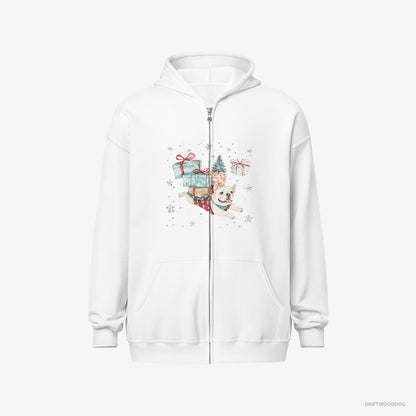 Bulldog Sprinting with Christmas Packages White Hoodie