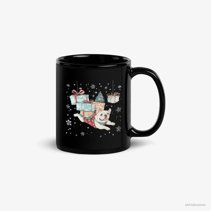 Bulldog Mug – Unisex Black Mug Classic – Sprinting with Christmas Packages (on White Background)